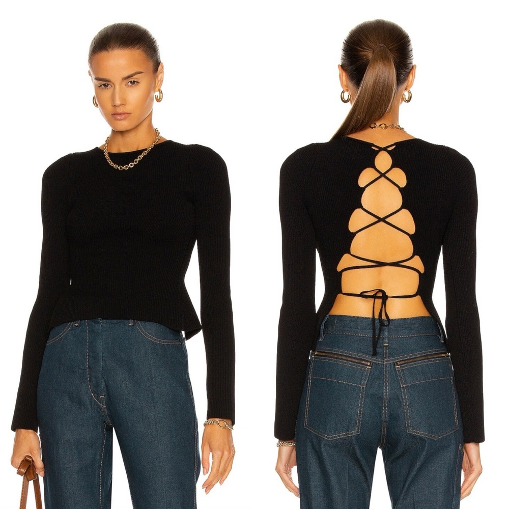 Khaite | Angelina Corset Back Lace Up Ribbed Knit Sweater in Black Medium